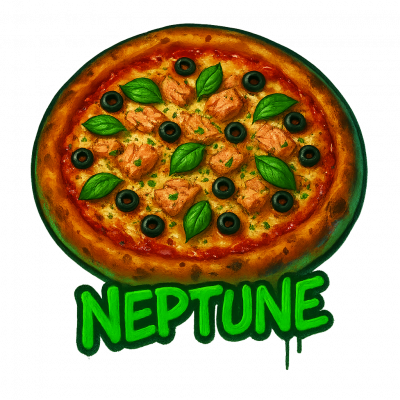 NEPTUNE🫒:  base tomate, fromage, olives, ((thon, origan, huile d’olive, basilic))