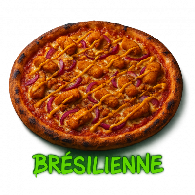 BRÉSILIENNE🇧🇷: base tomate, fromage, tenders, oignons rouge, ((oignons frits, sauce brésilienne))