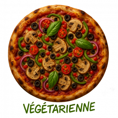 VÉGÉTARIENNE: base tomate, fromage, oignons, poivrons, champignons, olives, ((origan, huile d’olive, basilic, tomates fraîches))