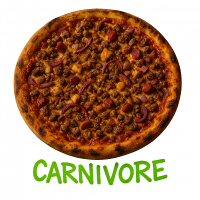 CARNIVORE🥩: base tomate, fromage, poulet, merguez, oignons, viande hachée