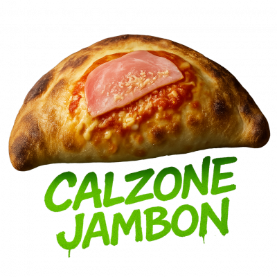 CALZONE JAMBON ⭐️:moitié base tomate moitié base crème, (pizza pliée en deux) fromage, jambon