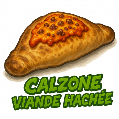 CALZONE VIANDE HACHÉE ⭐️ : moitié base tomate moitié base crème, (pizza pliée en deux) fromage, viande hachée