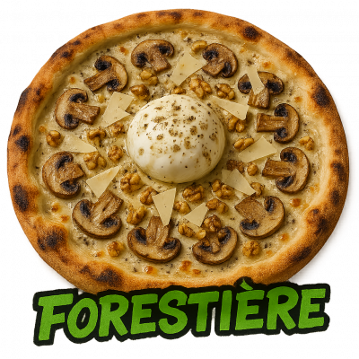 FORESTIÈRE 🍄🇫🇷: base creme , tartuffade, fromage, champignons, ((burrata, parmesan , noix, huile d'olive à la truffe))