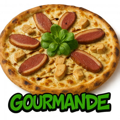 GOURMANDE: base crème, fromage , magret (( foie gras, pignons de pins , salade , vinaigre balsamique))