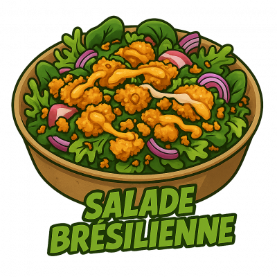 SALADE BRÉSILIENNE🇧🇷: SALADE, POULET PANÉ CHAUD, SAUCE BRÉSILIENNE, OIGNON ROUGE, OIGNONS FRITS