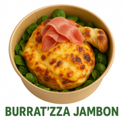 LE BURRAT'ZZA JAMBON: buratta, jambon, fromage, accompagné de sa salade .