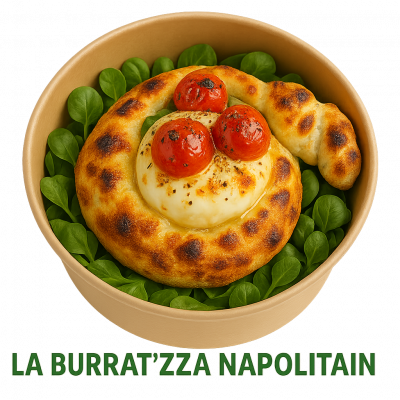 LA BURRAT'ZZA NAPOLITAIN: pate 26cm , buratta , tomates cerises , origan  accompagné de sa salade .