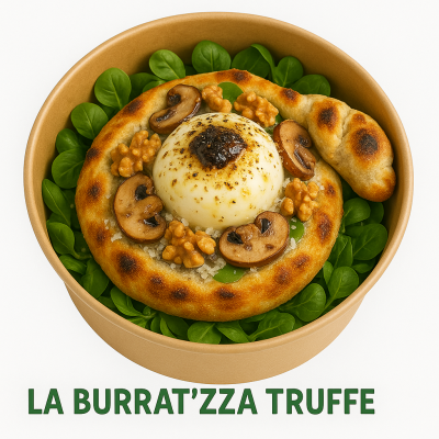 LA BURRAT'ZZA TRUFFE🍄: BURATTA, CRÈME DE TRUFFE, FROMAGE, CHAMPIGNONS, NOIX, PARMESAN, HUILE DE TRUFFE, SALADE