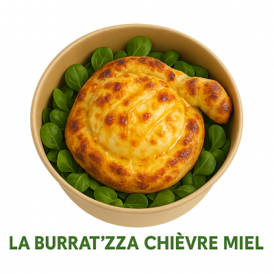 LA BURRAT'ZZA CHEVRE MIEL🍯: PATE 26 CM, BURATTA, CHÈVRE, MIEL  ACCOMPAGNÉ DE SA SALADE .